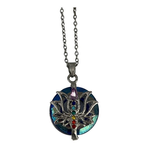Early 2000s Lotus Chakra Pendant Necklace – Silver Tone with Iridescent Blue Ena - Picture 2 of 5